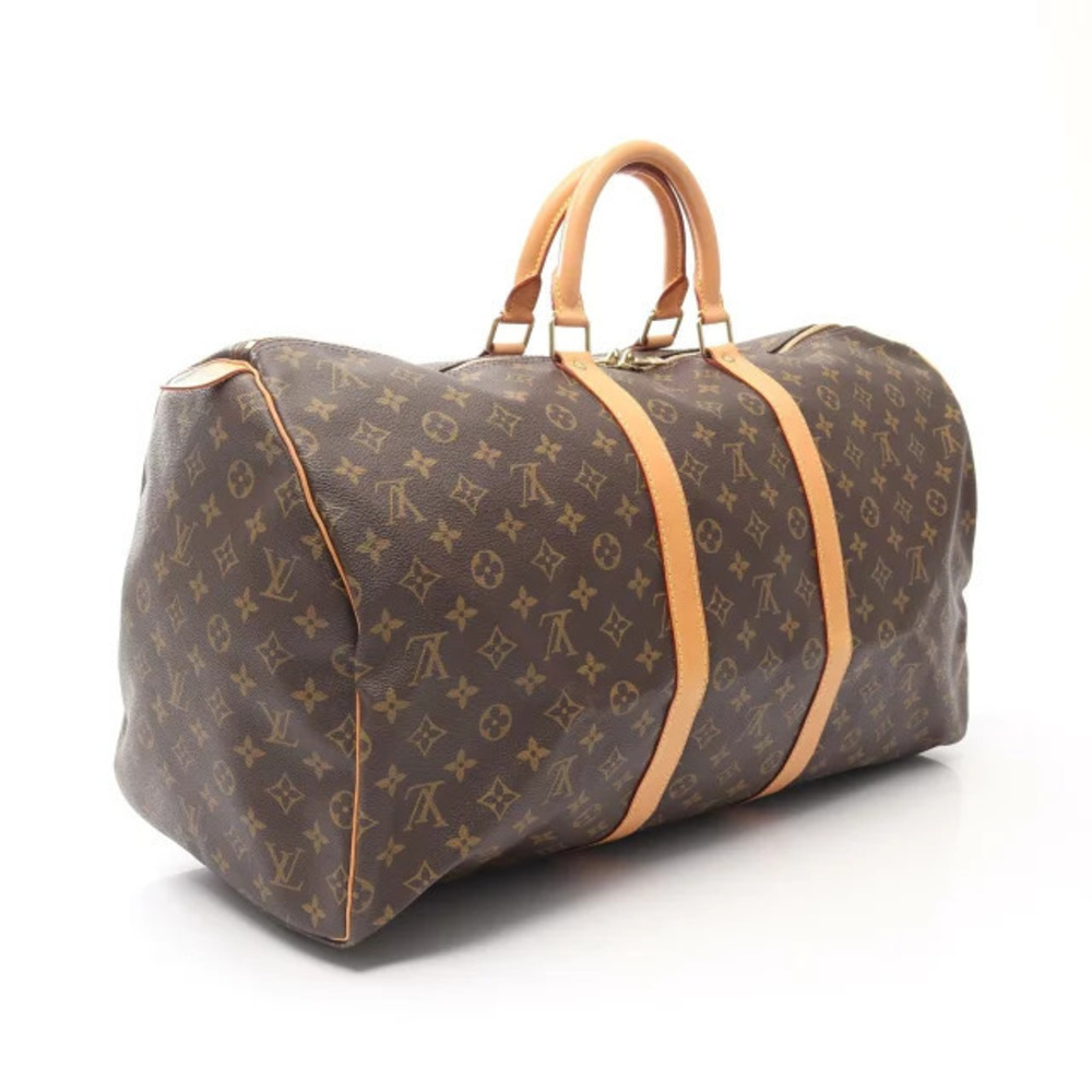 Louis Vuitton Keepall Canvas Bag Boston Leather Brown Monogram Brown